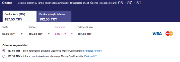 Tickets.com.tr direk havayolları şirketine ödeme
