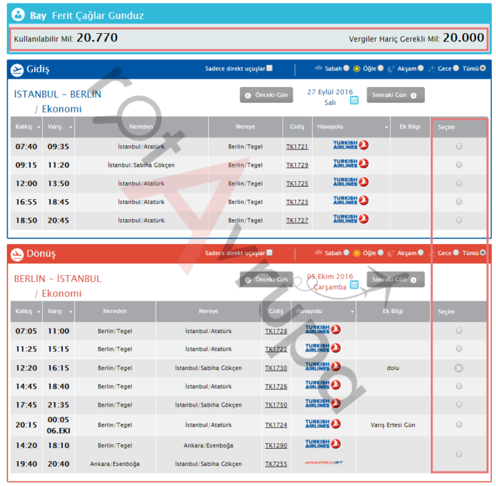 istediğiniz uçuşların en sağındaki kutucuğu işaretleyin