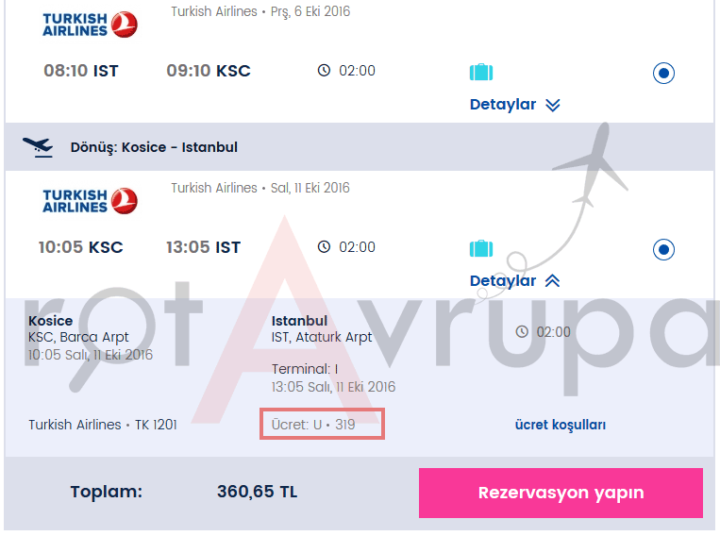 THY Kosice Ücret Sınıfı