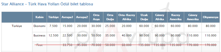 THY Çift Yön Mil Ödül Tablosu